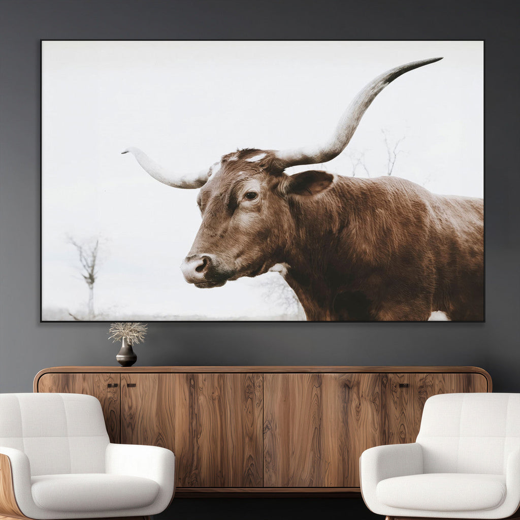 Rustic Bull Wall Art Canvas Print, Modern Longhorn Farmhouse Animal Decor
