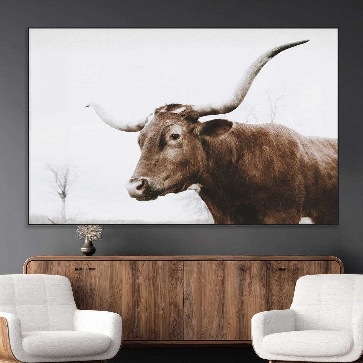 Rustic Bull Wall Art Canvas Print, Modern Longhorn Farmhouse Animal Decor
