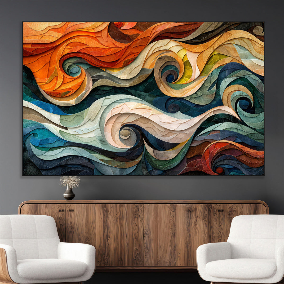 Abstract Wave Wall Art, Ready to Hang Framed Canvas Print | Extra Large 3 Piece Canvas Wall Art