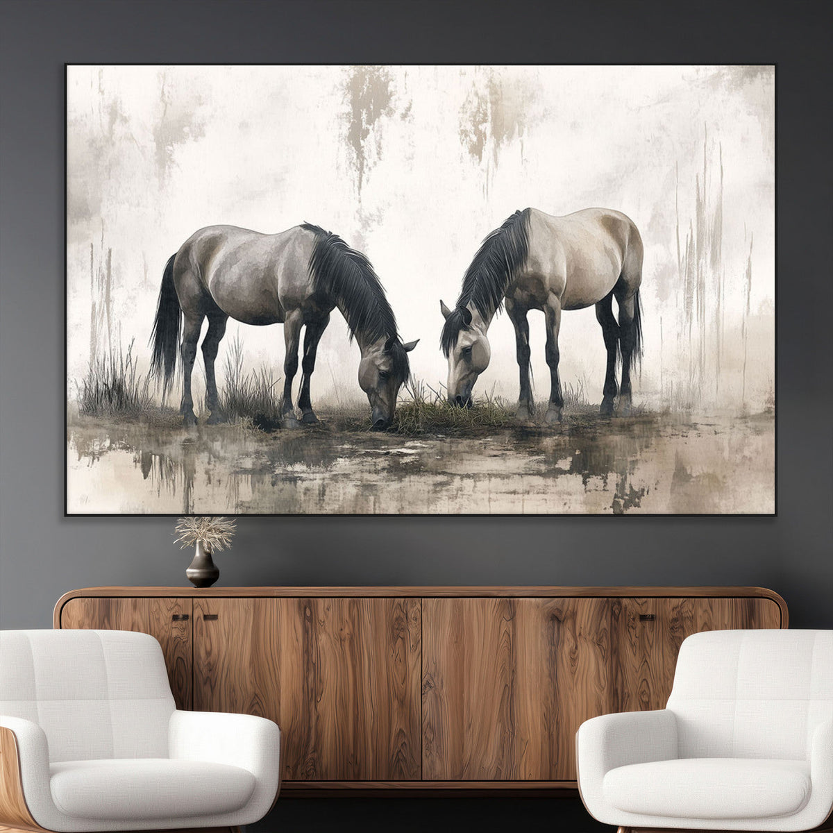 Chinese Ink Style Vintage Horses Wall Art Canvas Print