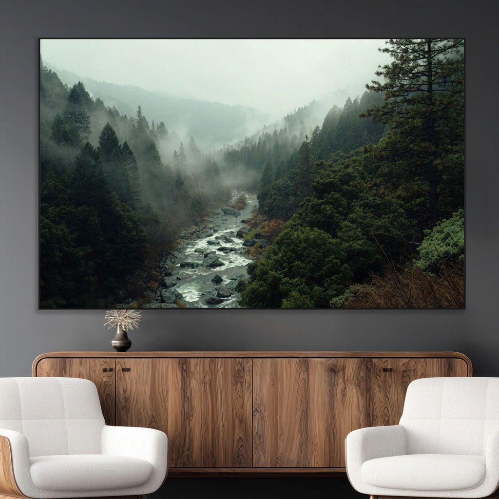 Misty Forest Wall Art, Tranquil Nature Landscape, Ready to Hang | Extra Large 3 Piece Canvas Wall Art