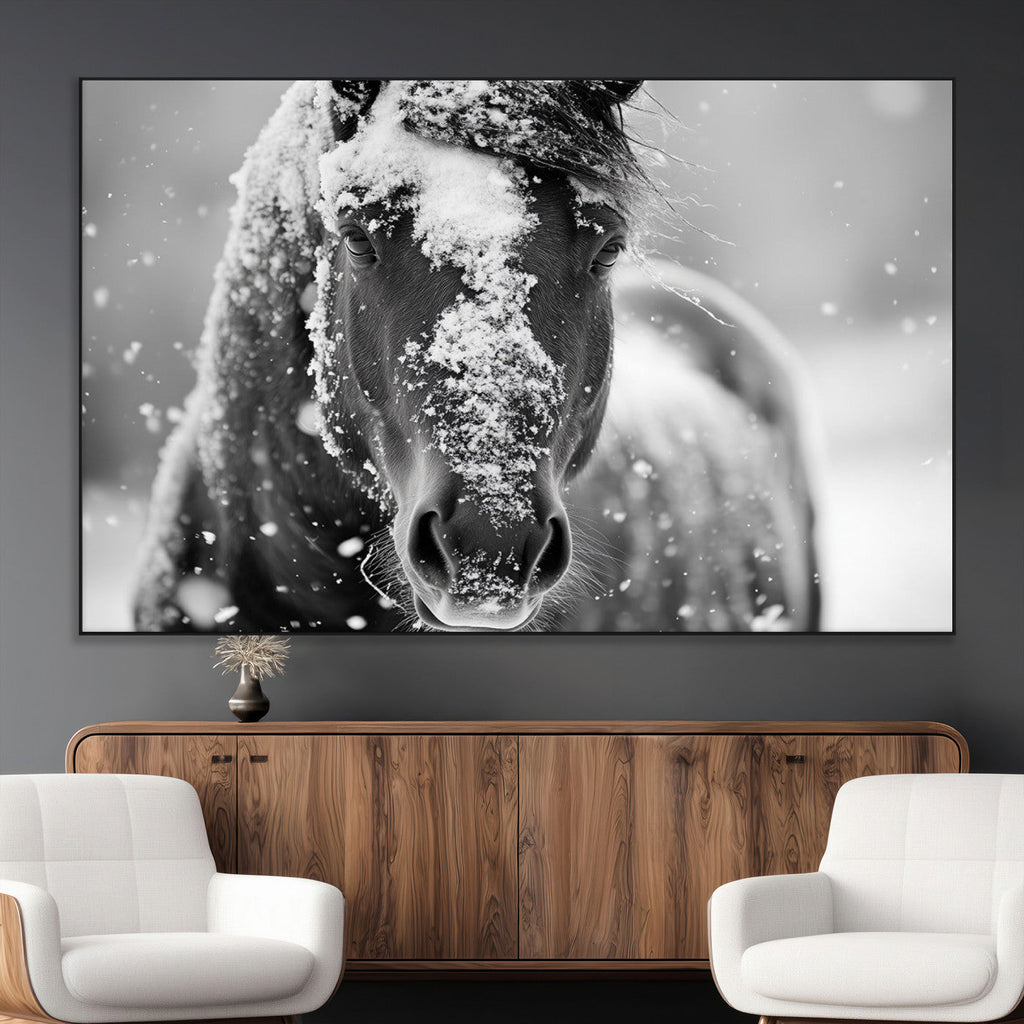 Black and White Horse Winter Wall Art, Ready to Hang