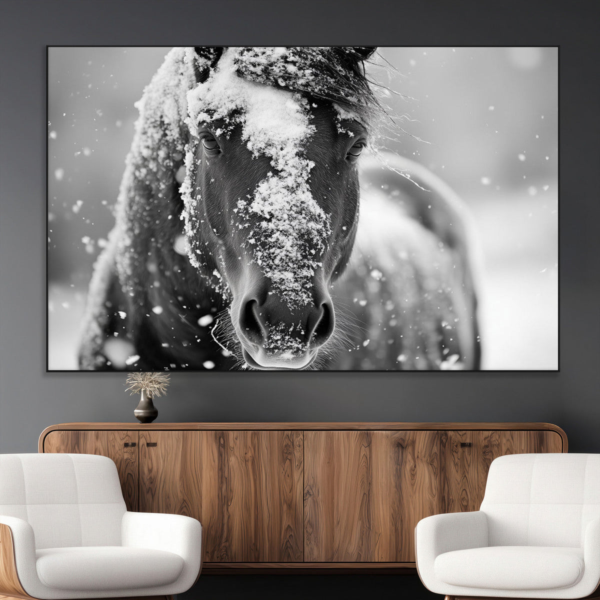 Black and White Horse Winter Wall Art, Ready to Hang