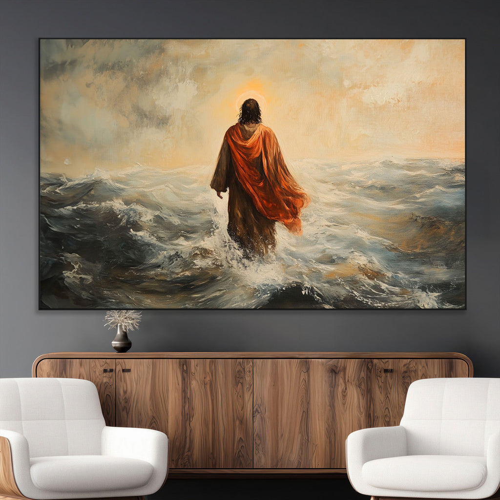 Jesus Walking on Water, Christian Wall Art, Jesus Christ Oil Painting Style Print