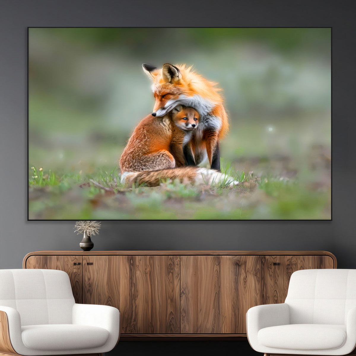 Heartwarming Fox and Baby Cub Wall Art | Canvas Print of Foxes in Nature