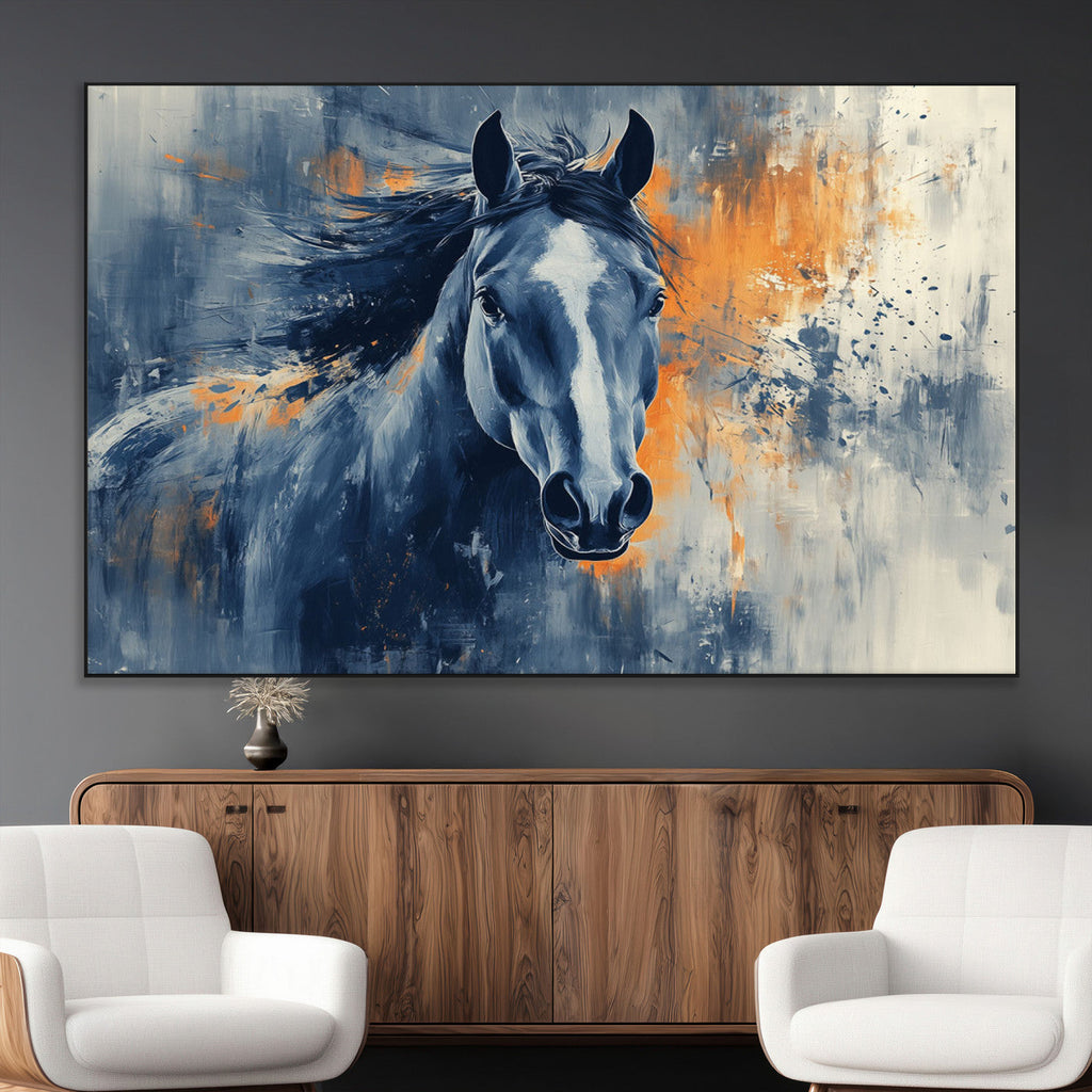 Abstract Blue Horse Wall Art Print Canvas | Western Horse Wall Art for Farmhouse Decor