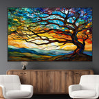 Vibrant Mosaic Tree of Life Wall Art, Stained Glass Style Canvas Print