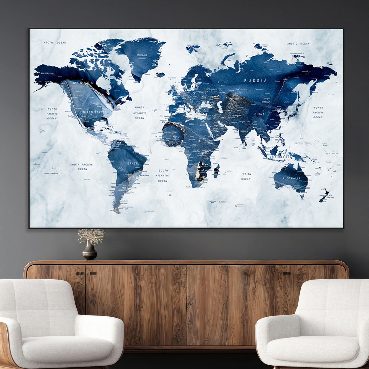 Modern Blue World Map Canvas Print | Elegant Travel Map Wall Art for Home Office