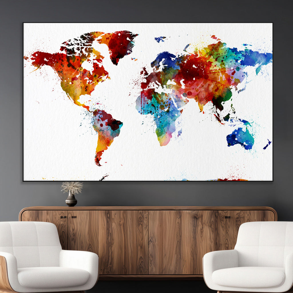 Colorful World Map Canvas Wall Art Print, Contemporary Global Map Artwork