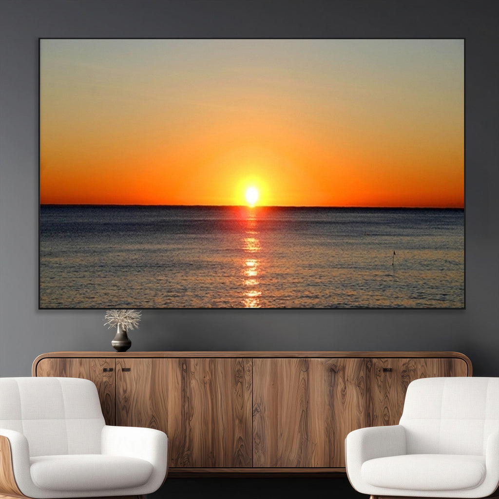 Golden Horizon Sunset Over Ocean Wall Art Canvas Print | Tropical Beach Canvas