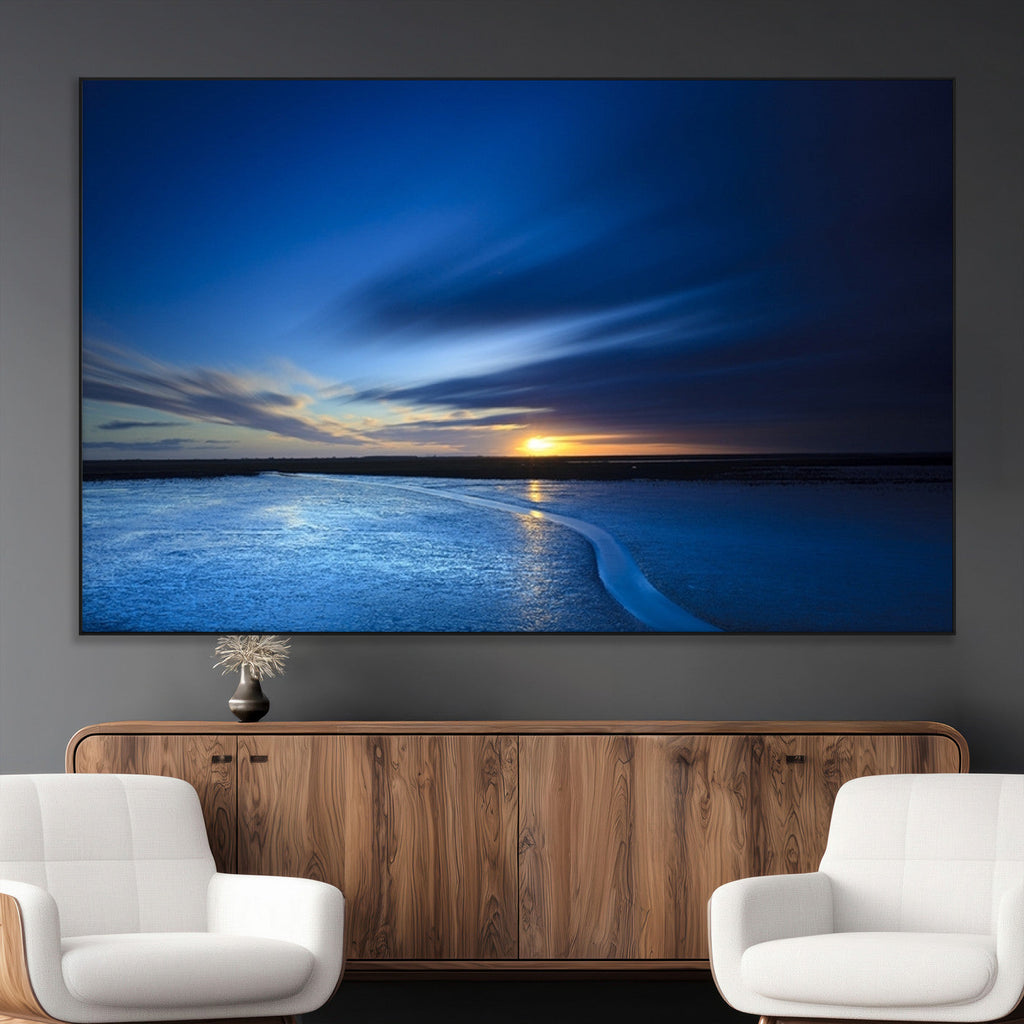 Blue Sunset Ocean Canvas Wall Art Print | Serene Coastal Horizon