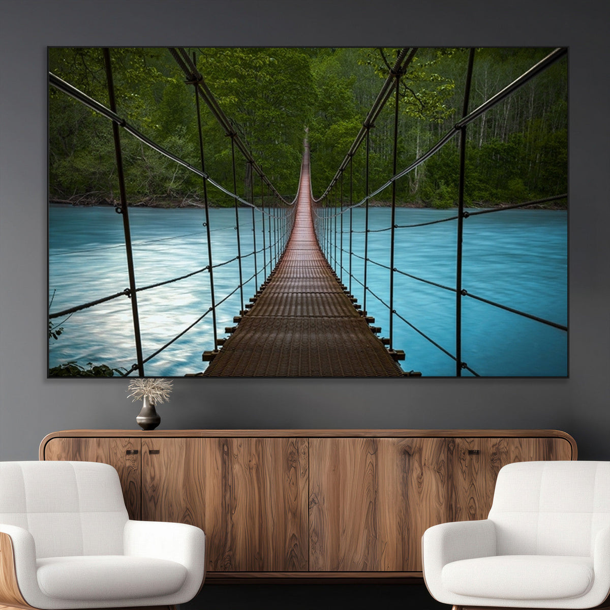 Suspension Bridge Over River Canvas Art | 3-Panel Nature Wall Art