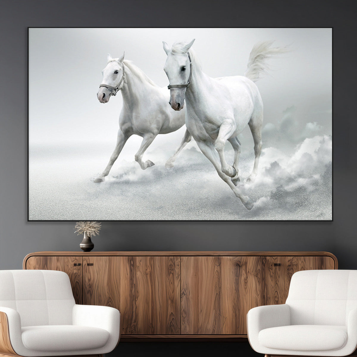 Large Wall Art Canvas Print, Beautiful Running White Horses