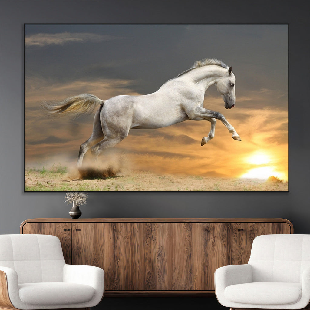Large Wall Art Canvas Print, White Jumping Horse at Sunset