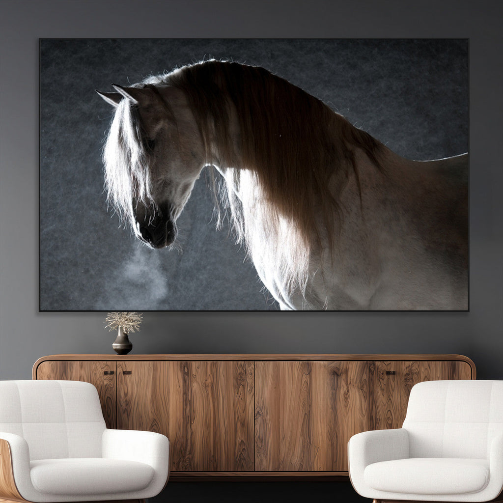 Large Wall Art Cream Colored Horse on Grey Background Canvas