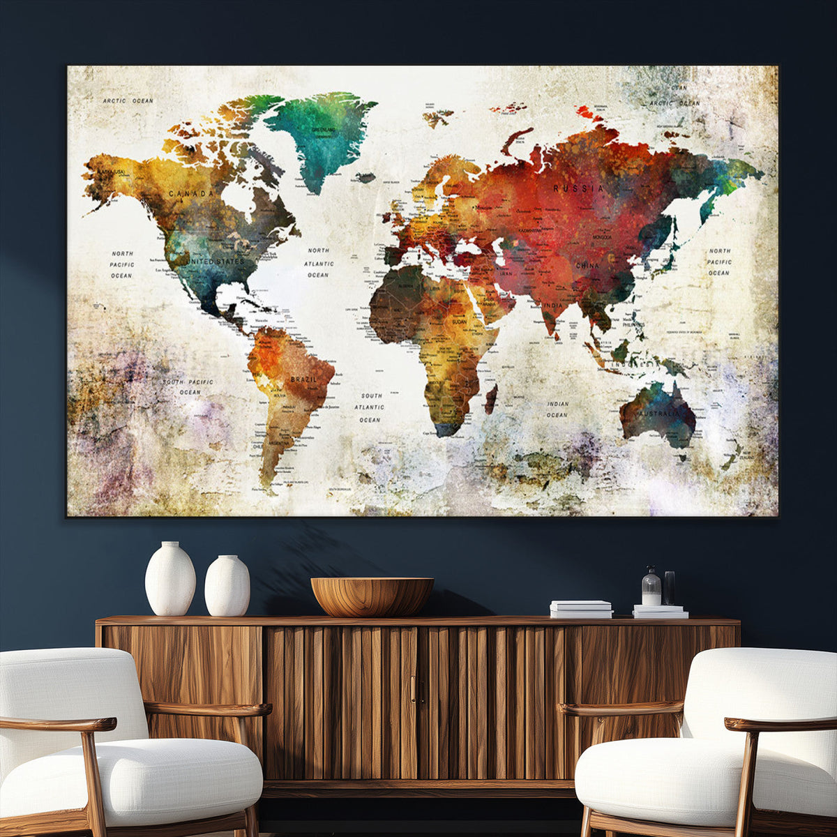 Watercolor World Map Canvas Print | Framed Travel Map Wall Art for Couples