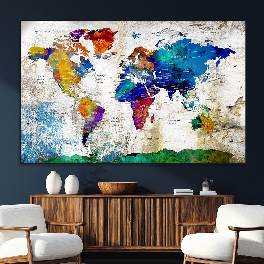 Navy Blue and Orange Watercolor World Map Canvas Print | Framed Travel Map