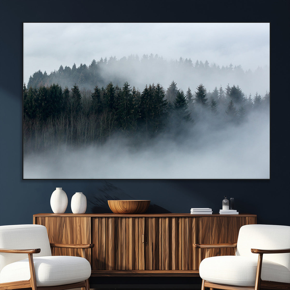 Autumn and Misty Trees in the Forest Wall Art Canvas Print, Foggy Forest Mountain Wall Art
