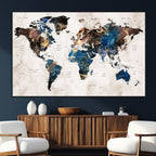 Abstract Earth Tone Blue World Map Canvas Print | Framed Travel Map Wall Art
