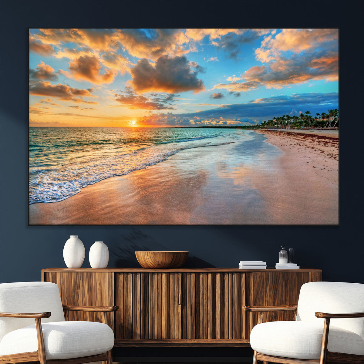 Sunset Beach Canvas Wall Art | Tropical Triptych Seascape Print