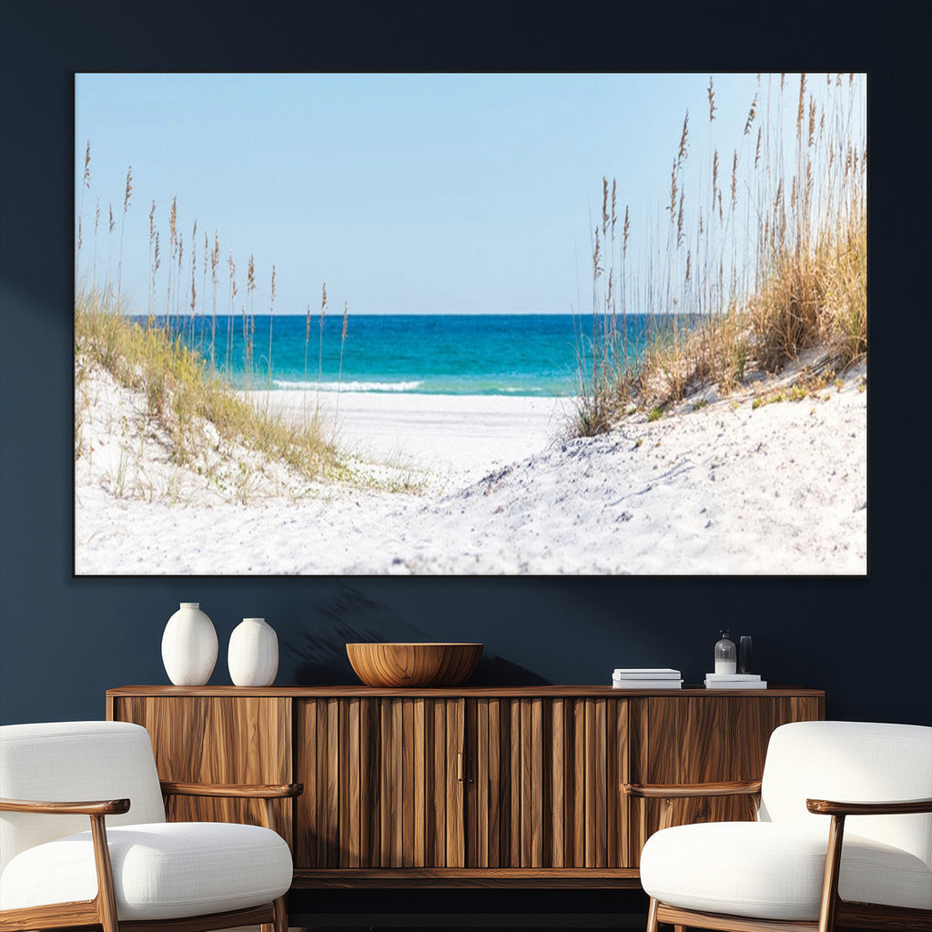 Serene Coastal Dune Path with Ocean View, 3-Panel Beach Canvas Wall Art