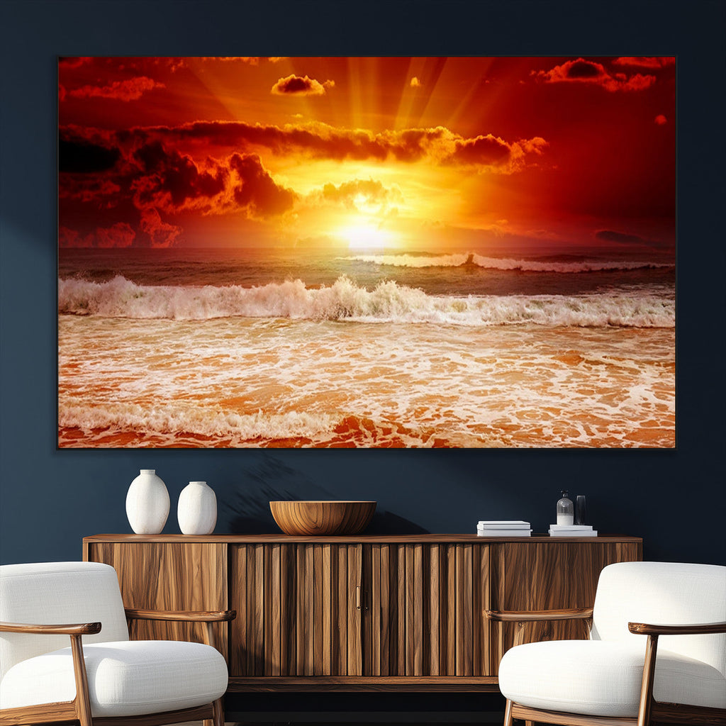 Red Sunset Ocean Beach Canvas Wall Art, Coastal Sunset Print