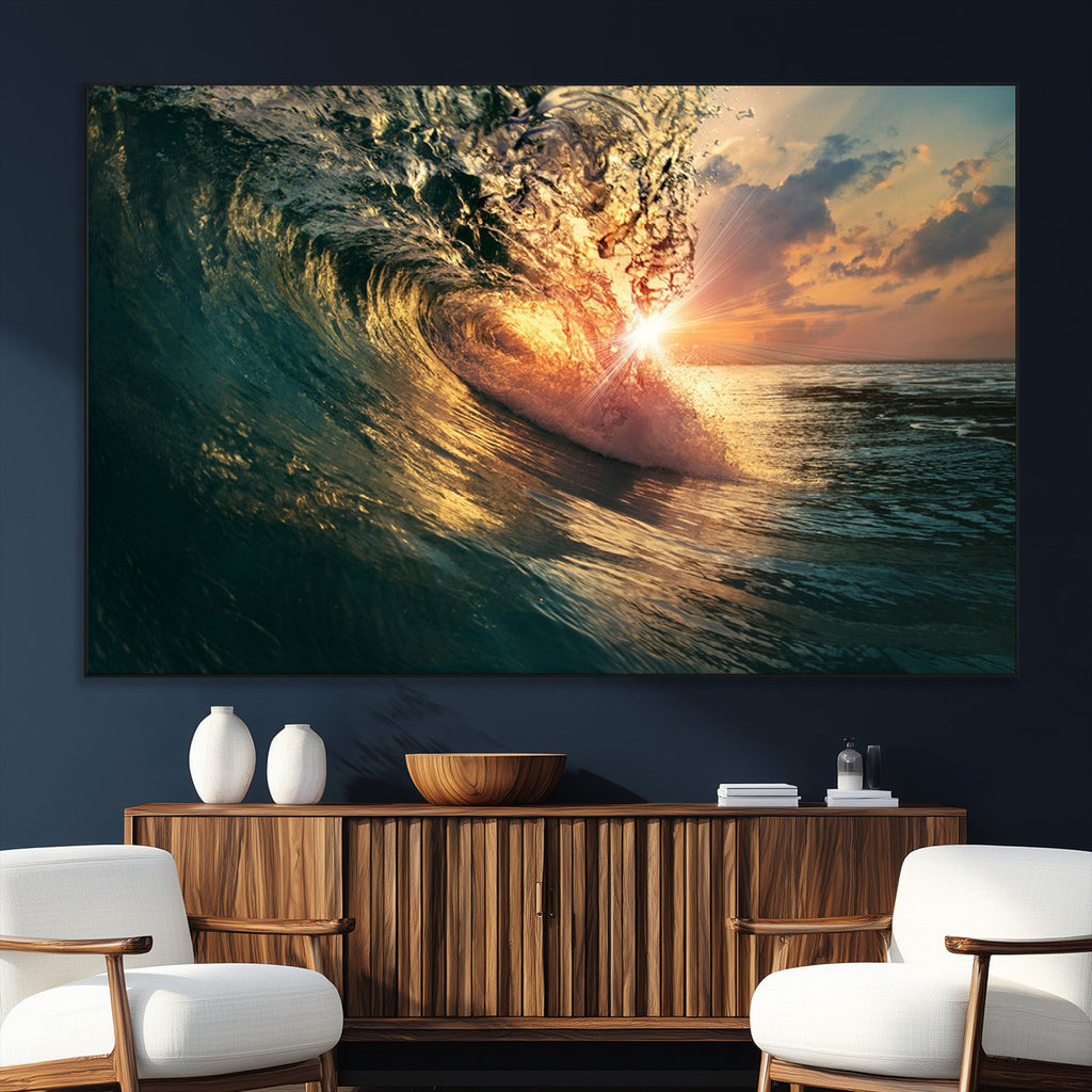 Ocean Wave Sunset Canvas Wall Art | Triptych Seascape Print