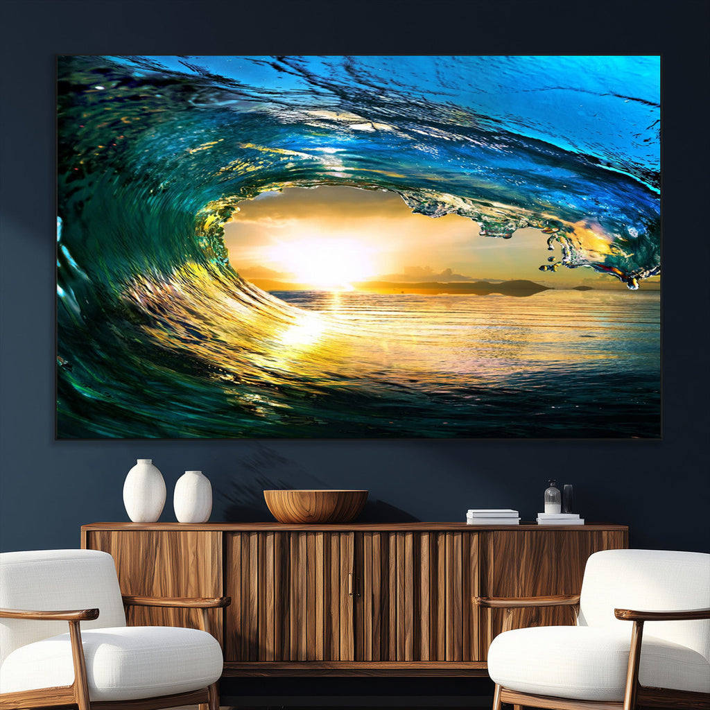 Ocean Wave at Sunset Canvas Art, Large Wall Print of Vibrant Surfing Wave