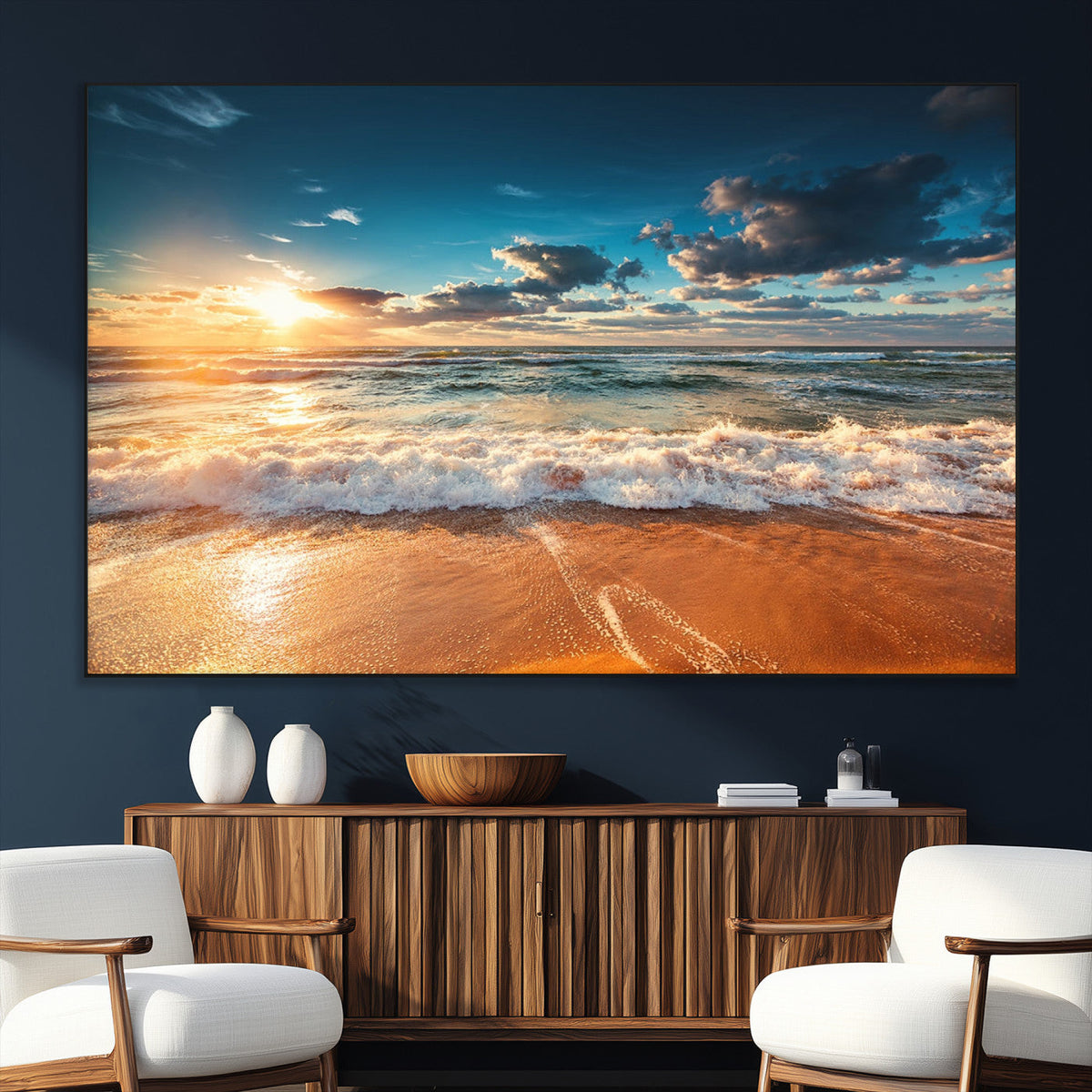 Golden Sunset Beach Triptych Canvas Art, Giclee Coastal Wall Decor, Ocean Waves Print