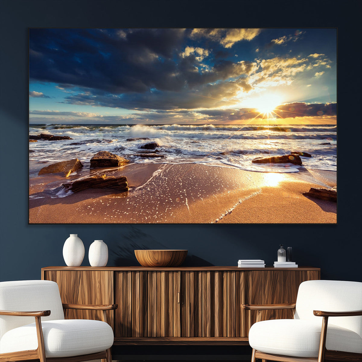 Golden Hour Beach Sunset Canvas Triptych, Ocean Waves and Rocks Wall Art
