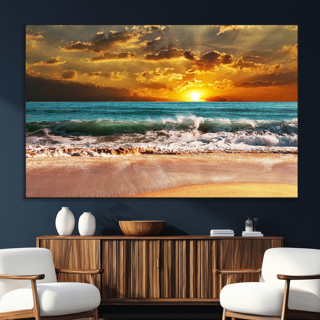 Golden Sunset Beach Canvas Wall Art | Triptych Seascape Print, Framed and Ready to Hang