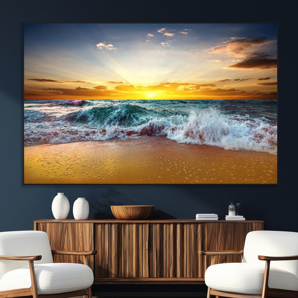 Golden Sunset Ocean Waves Wall Art Canvas Print | Multi Panel Beach Canvas Set, Coastal Triptych