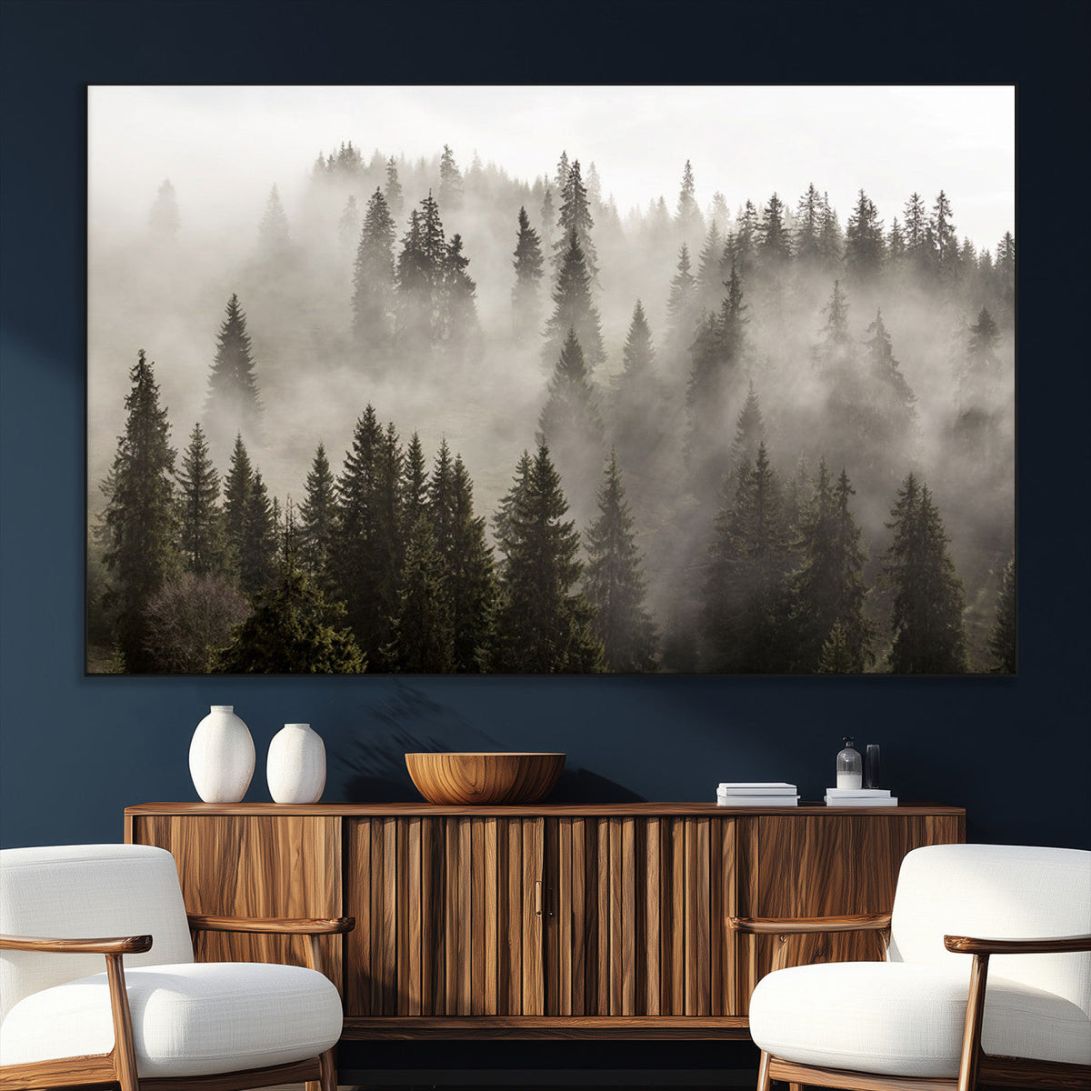 Foggy Mountain Wall Art | 3-Panel Foggy Forest and Mountain Landscape Canvas Print