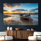 Small Boat At The Beach Sunset Wall Art, Boat Sunset Wall Art Canvas Print