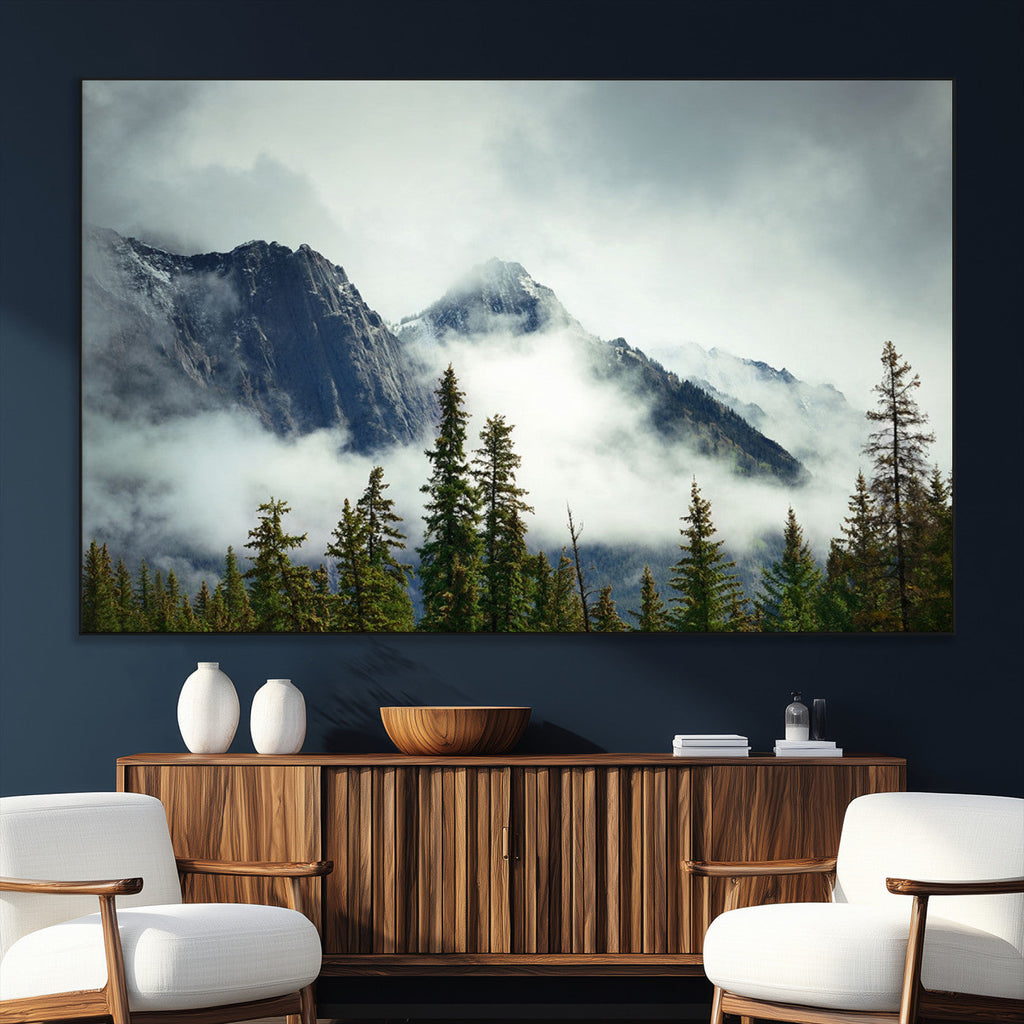 Mountain Mist Canvas Wall Art Print | 3-Panel Foggy Forest and Mountain Landscape