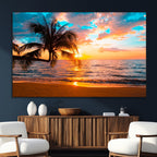 Palm Tree Sunset On The Beach Wall Art Canvas, Framed Palm Tree Sunset Canvas Print