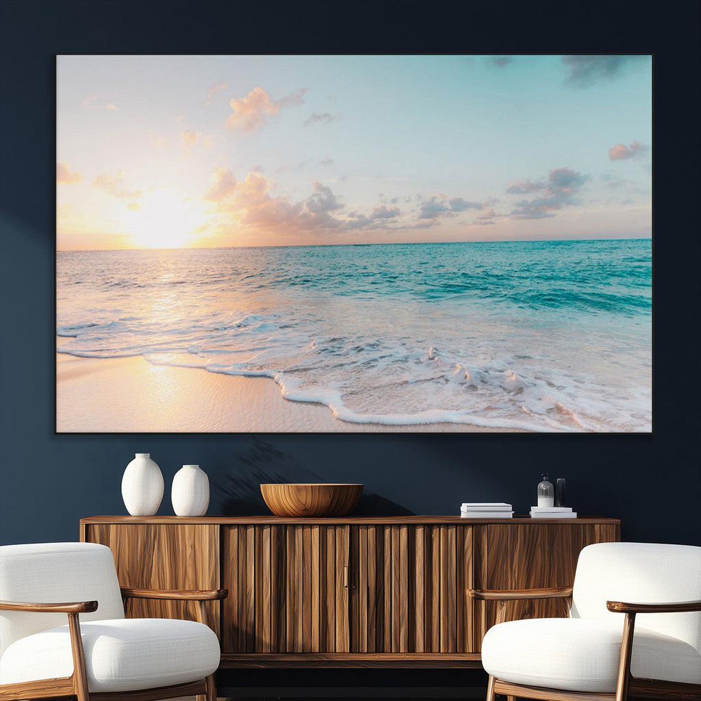 Tranquil Ocean Beach Sunset Canvas Wall Art | 3-Panel Coastal Decor