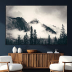 Forest Mountain Print | Black and White Canvas Wall Art with Misty Forest Design