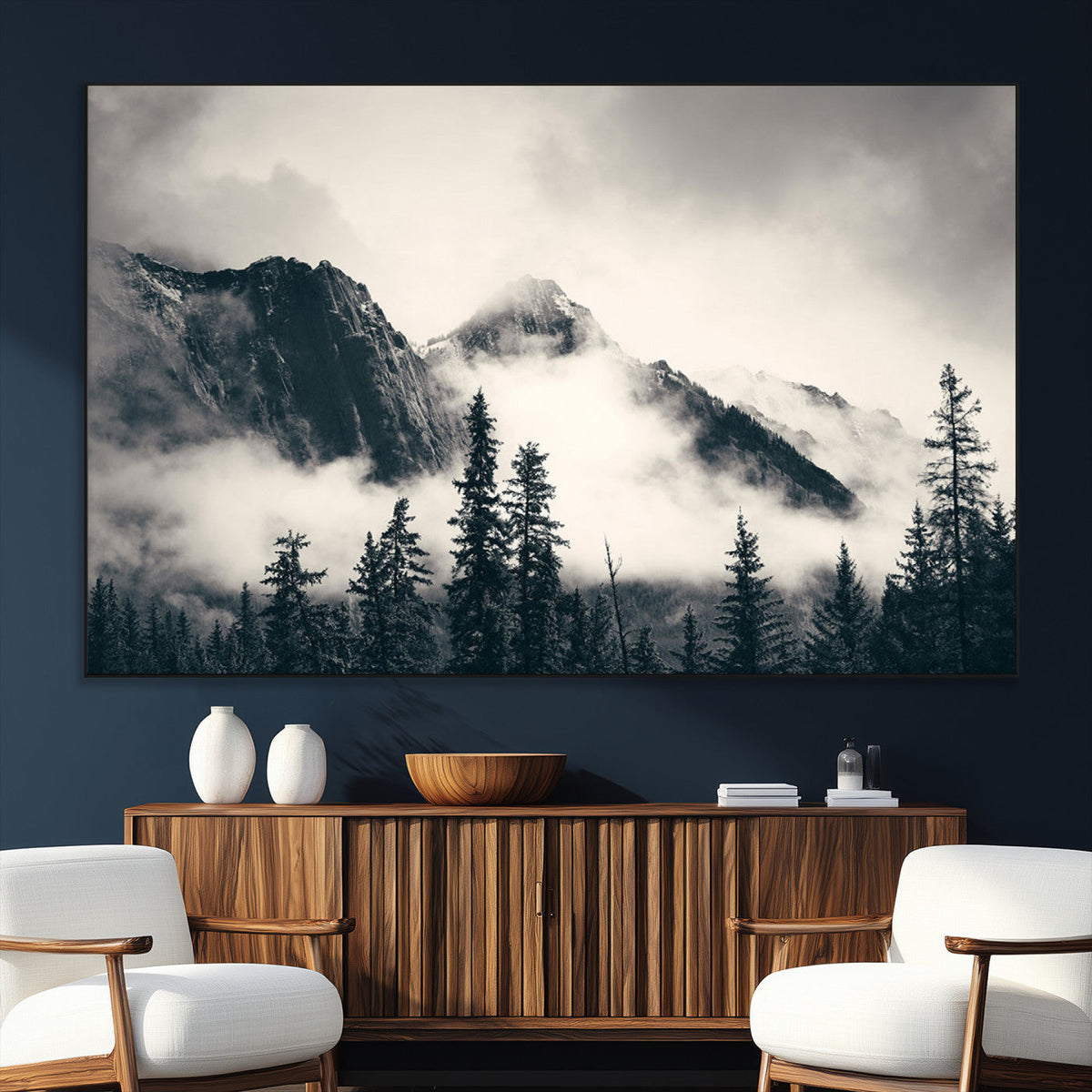 Forest Mountain Print | Black and White Canvas Wall Art with Misty Forest Design