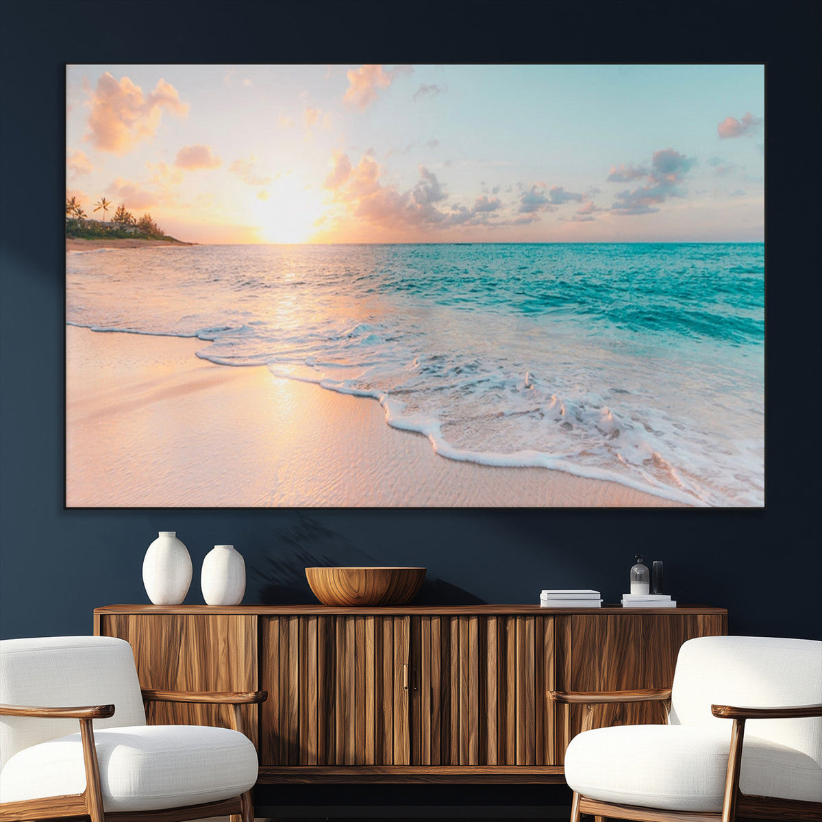 Beach Sunrise Wall Art, Coastal Seascape Canvas Print, Ocean Wave Wall Decor