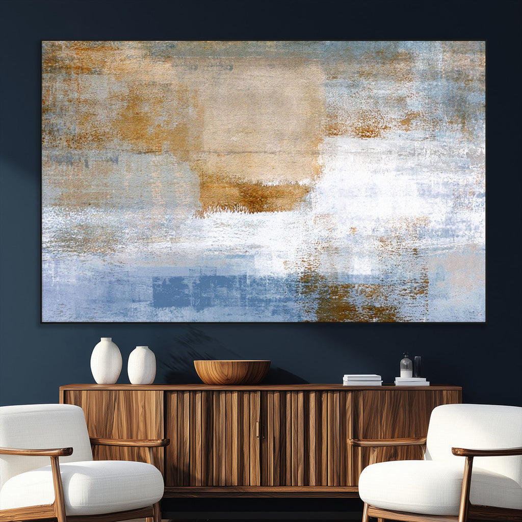Blue Multi Panel Abstract Wall Art Canvas, Abstract Blue and Gold Canvas Print