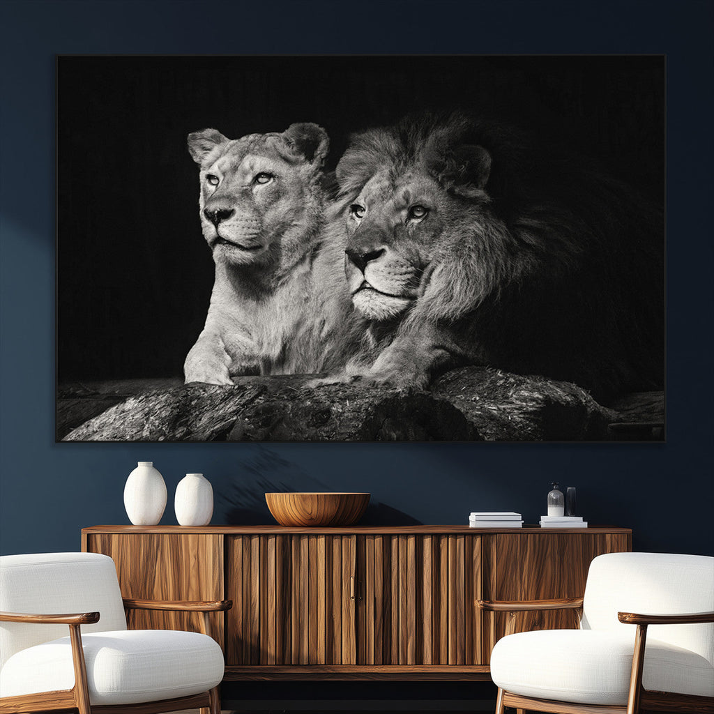 Lion Couple Wall Art Canvas Print, Elegant Black and White Wildlife Portrait