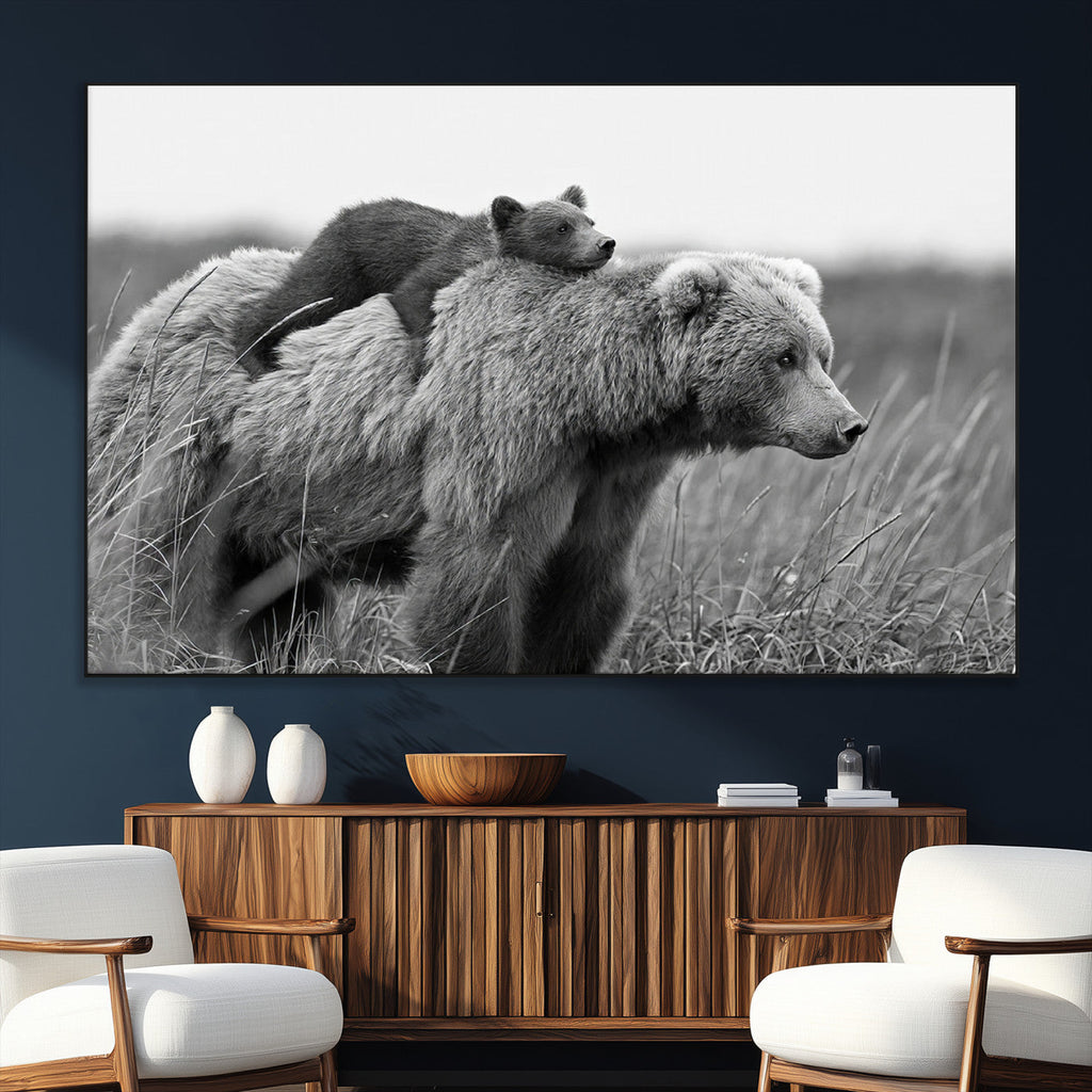 Bear and Cub Wall Art Canvas | Grizzly 399 Bear and Cub Black and White Wildlife Print
