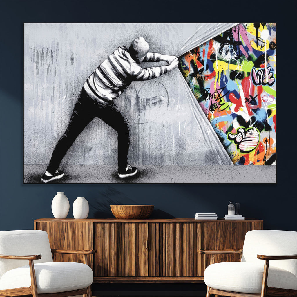 Banksy Art Behind the Curtain Street Wall Art Canvas Print | Urban Graffiti Style Wall Decor