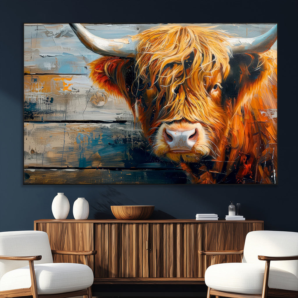 Highland Cow Abstract Canvas Wall Art, Bold Farmhouse Decor
