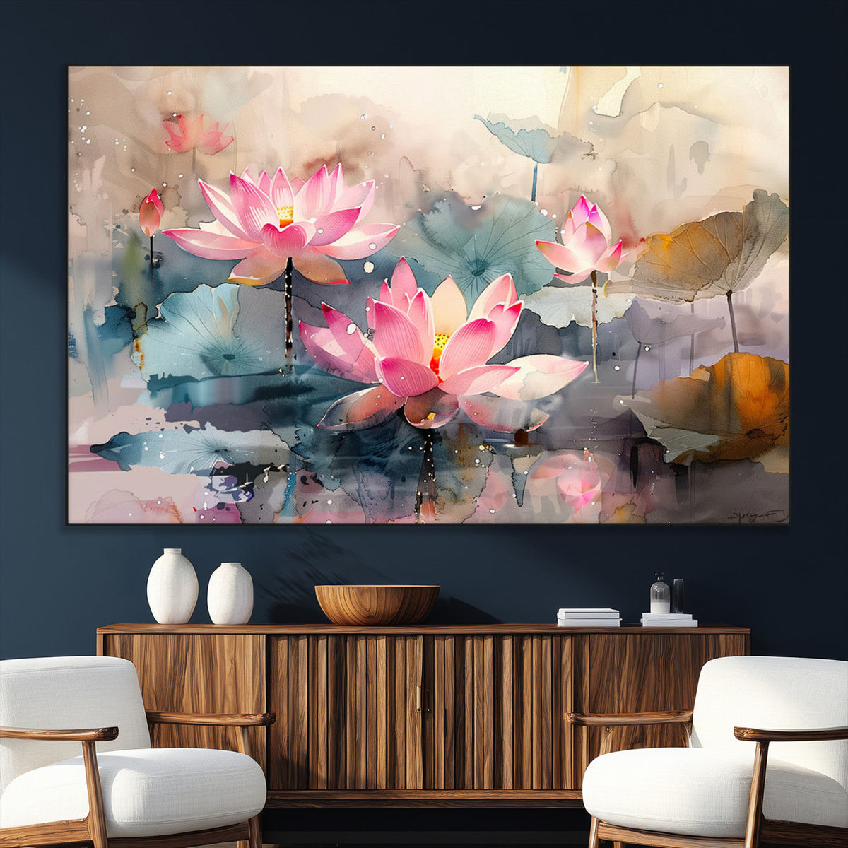 Lotus Flower Wall Art | 3 Panel Giclee Canvas Print of Pink Lotus Blossoms
