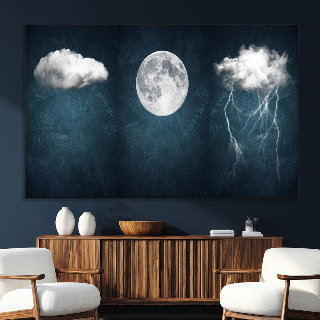3 Piece Indigo Cloud Wall Art, Thunderstorm Moon Cloud Artwork