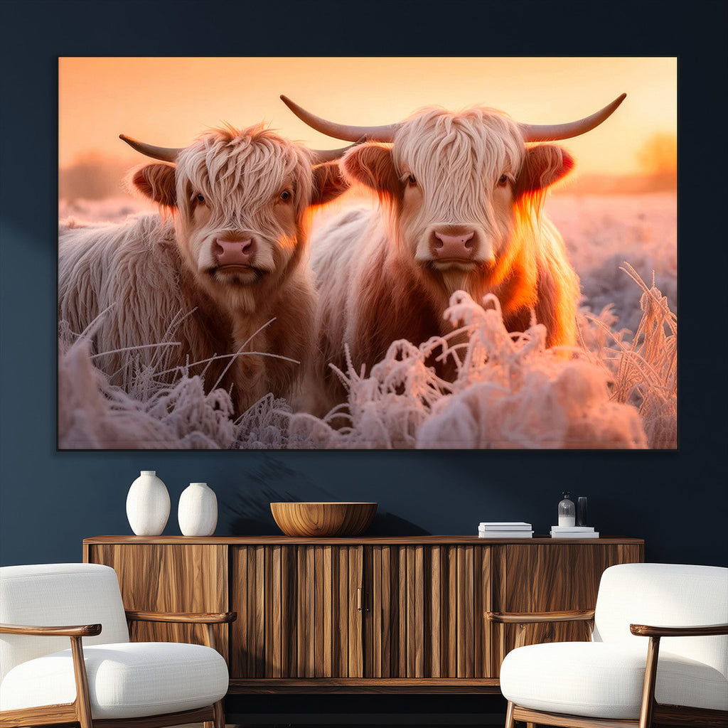 Highland Cows at Sunrise Wall Art Canvas Set