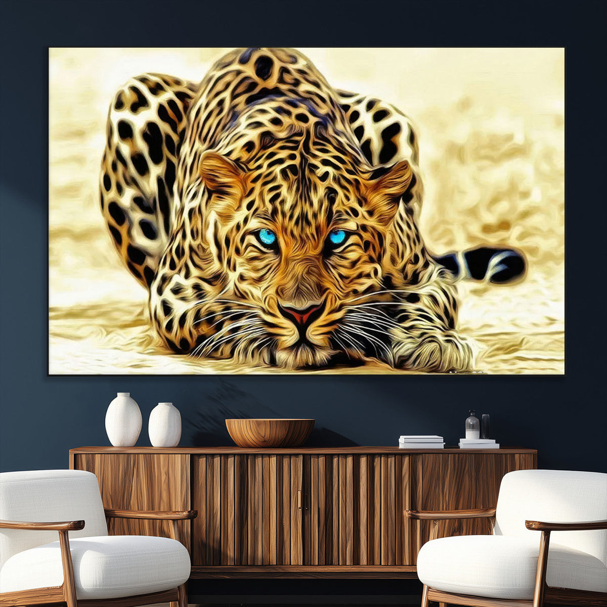 Blue-Eyed Leopard Canvas Wall Art, Framed Animal Print, Fierce and Bold Decor for Living Rooms