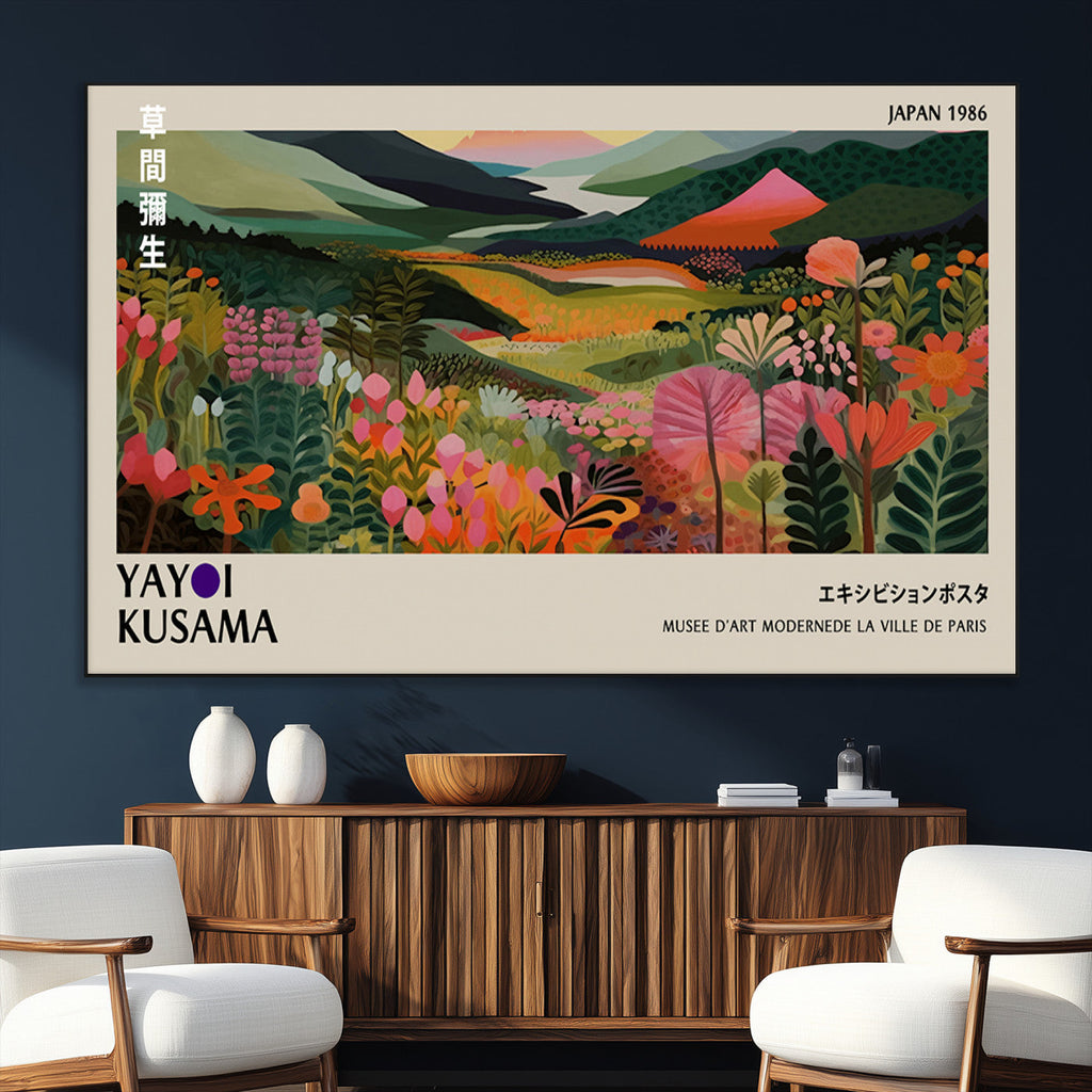 Yayoi Kusama Abstract Print, Vibrant Floral Mountain Art